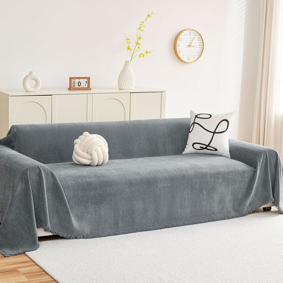 decorUhome Sofa cover for 3-Cushion Couch, Washable Slipcover with Tassels, Soft Chenille Couch Cover for Pets & Kids, Home Decor (Gery, 71" x 118")