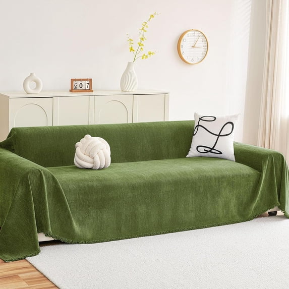 decorUhome Sofa cover for 3-Cushion Couch, Washable Slipcover with Tassels, Soft Chenille Couch Cover for Pets & Kids, Home Decor (Green, 71" x 118")