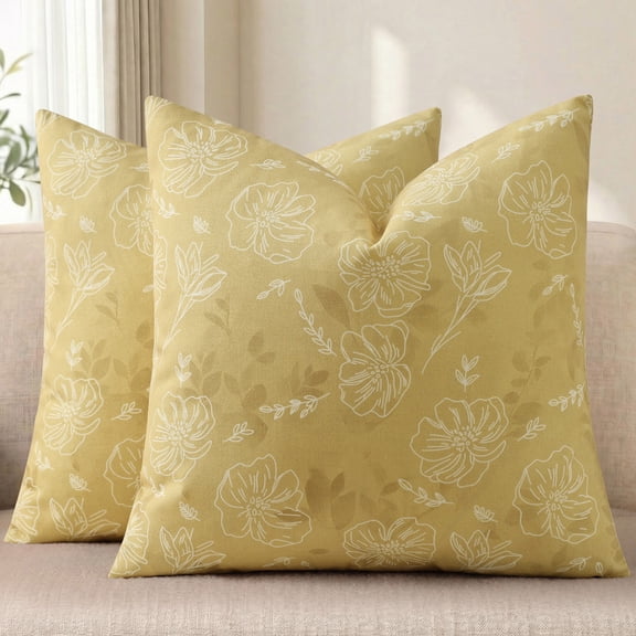decorUhome Floral Throw Pillow Covers 18x18 Set of 2, Vintage Block Print Farmhouse Decorative Pillow Cases for Couch Sofa, Mustard Yellow