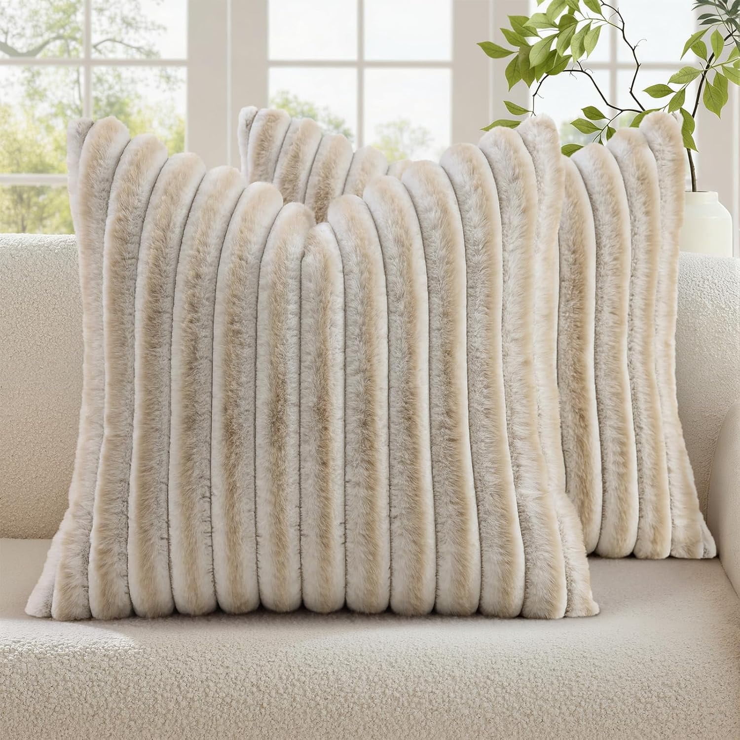 decorUhome Throw Pillow Covers 24x24 inch Set of 2, Faux Fur Plush Decorative Pillow Covers, Soft Fluffy Striped Pillowcases for Bed and Sofa, Light Beige & White