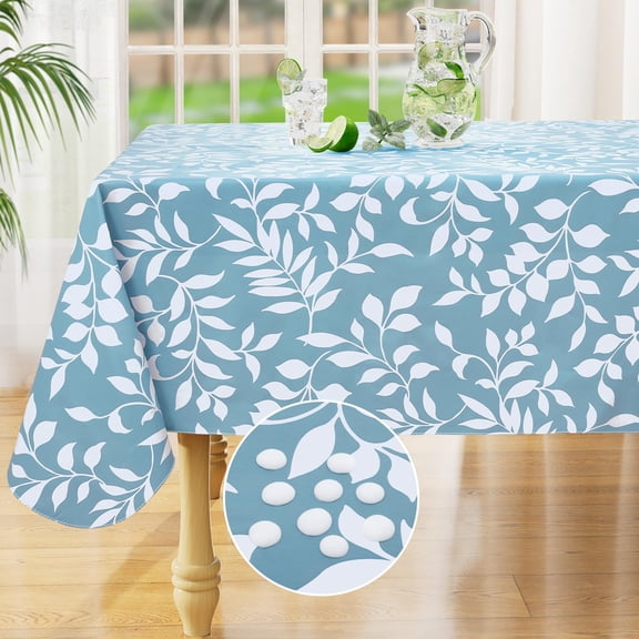 decorUhome Vinyl Tablecloth with Flannel Backing Rectangle, Waterproof Plastic Table Cover for Dinner, Picnic, Indoor and Outdoor(Blue Leaves, 52" x 70")