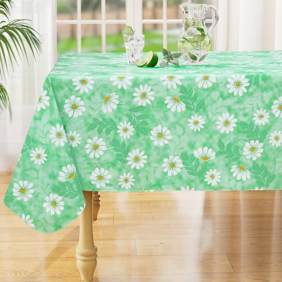decorUhome Vinyl Tablecloth with Flannel Backing Rectangle, Waterproof Plastic Table Cover for Dinner, Picnic, Indoor and Outdoor(Green Daisy, 60" x 84")