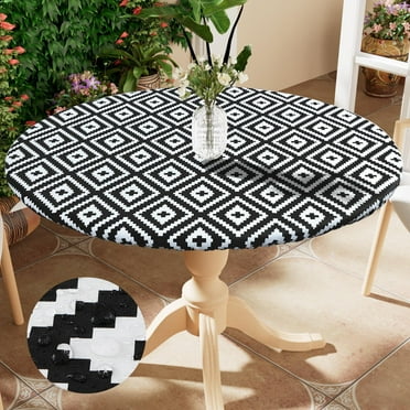 decorUhome Vinyl Tablecloth for Round Tables, Waterproof Fitted Table Cloth, Elastic Plastic Table Cover for Dining and Outdoor(48R, Black)