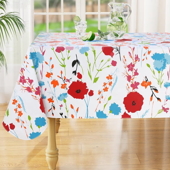 decorUhome Vinyl Tablecloth with Flannel Backing Rectangle, Waterproof Plastic Table Cover for Dinner, Picnic, Indoor and Outdoor(Flowers, 60" x 84")