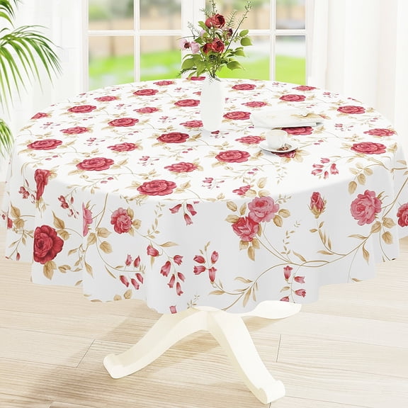 decorUhome Vinyl Tablecloth with Flannel Backing Round, Waterproof Plastic Table Cover for Dinner, Picnic, Indoor and Outdoor(Pink Flowers, 60")