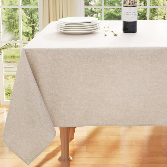 decorUhome Waterproof Rectangle Linen Tablecloth, Wipeable Burlap Table Cloth, Wrinkle and Stain Resistant Washable Table Cover for Kitchen, Dining, Parties, 60x102, Beige