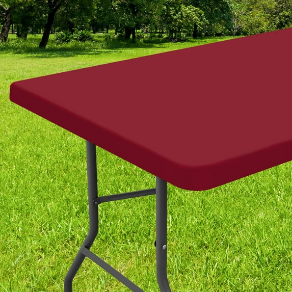 decorUhome Waterproof Vinyl Fitted Table Cloth For 30"x 72" Rectangle Tablecloth, Wipeable Elastic Table Cover , Wine Red, Indoor or Outdoor