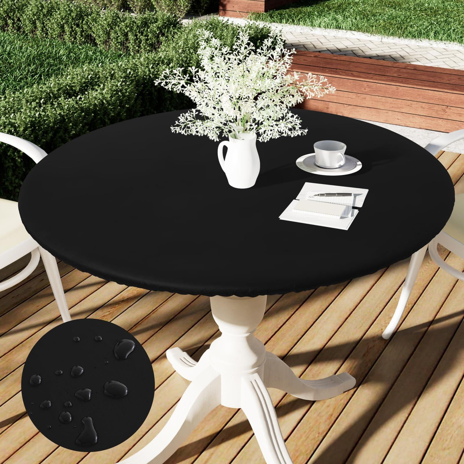 decorUhome Waterproof Vinyl Fitted Table Cloth For 36"-44" Round Tablecloth, Wipeable Elastic Table Cover , Black, Indoor or Outdoor