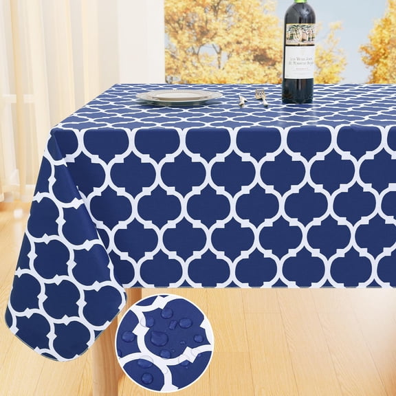 decorUhome Waterproof Vinyl Tablecloth with Flannel Backing for Rectangle Tables-60x102 inch,Wipeable Stain Resistant Table Cover,Moroccan,Navy,Indoor and Outdoor