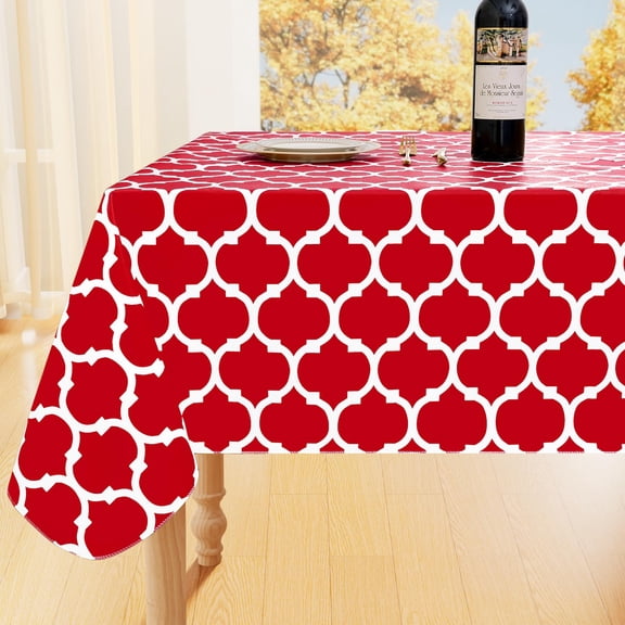 decorUhome Waterproof Vinyl Tablecloth with Flannel Backing for Rectangle Tables-60x102 inch,Wipeable Stain Resistant Table Cover,Moroccan,Red,Indoor and Outdoor