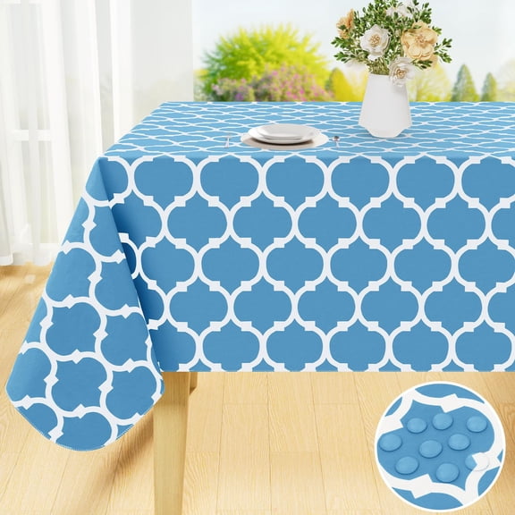 decorUhome Waterproof Vinyl Tablecloth with Flannel Backing for Rectangle Tables-60x120 inch,Wipeable Stain Resistant Table Cover,Moroccan,Light Blue,Indoor and Outdoor