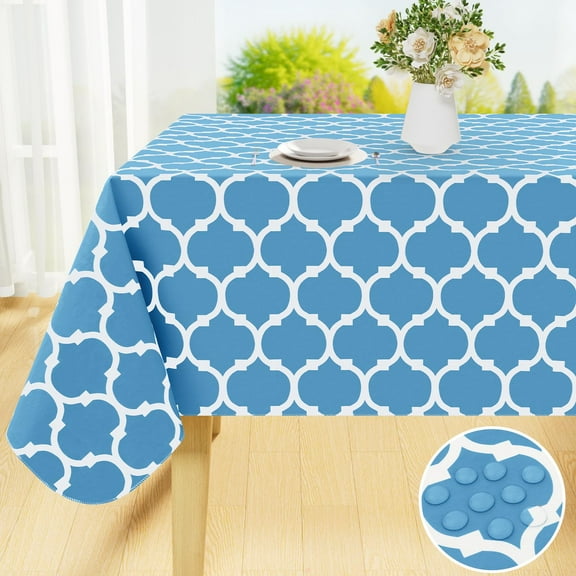 decorUhome Waterproof Vinyl Tablecloth with Flannel Backing for Rectangle Tables-60x84 inch,Wipeable Stain Resistant Table Cover,Moroccan,Light Blue,Indoor and Outdoor