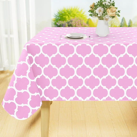 decorUhome Waterproof Vinyl Tablecloth with Flannel Backing for Rectangle Tables-60x84 inch,Wipeable Stain Resistant Table Cover,Moroccan,Pink,Indoor and Outdoor