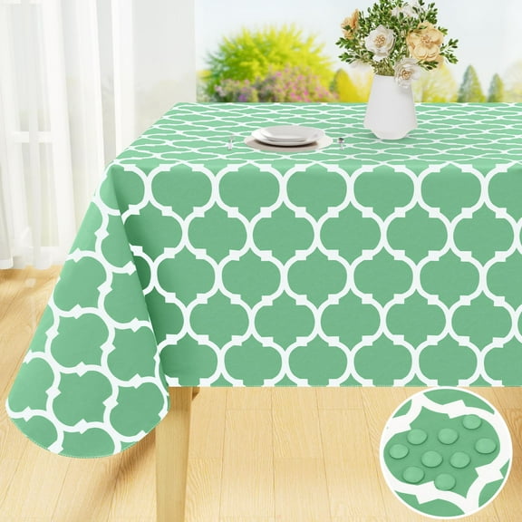 decorUhome Waterproof Vinyl Tablecloth with Flannel Backing for Rectangle Tables-60x84 inch,Wipeable Stain Resistant Table Cover,Moroccan,Sage Green,Indoor and Outdoor