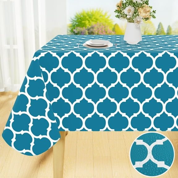 decorUhome Waterproof Vinyl Tablecloth with Flannel Backing for Rectangle Tables-60x84 inch,Wipeable Stain Resistant Table Cover,Moroccan,Teal,Indoor and Outdoor