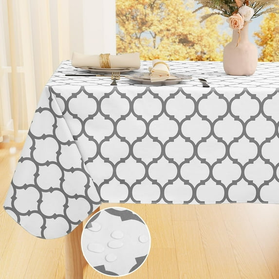 decorUhome Waterproof Vinyl Tablecloth with Flannel Backing for Rectangle Tables-60x84 inch,Wipeable Stain Resistant Table Cover,Moroccan,White,Indoor and Outdoor