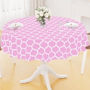 decorUhome Waterproof Vinyl Tablecloth with Flannel Backing for Round Tables-60 inch,Wipeable Stain Resistant Table Cover,Moroccan,Pink,Indoor and Outdoor