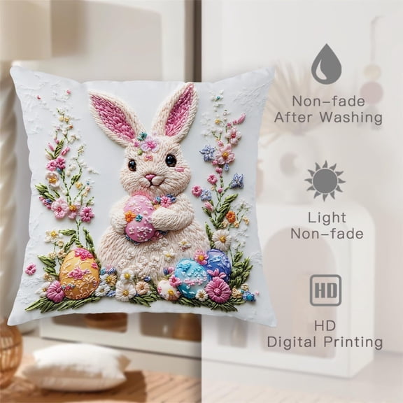 decorative Easter Eggs, Spring Farmhouse decor, Embroidered Pillow, 22X22 in, Bunny decor for Home, Spring Garden decor, Sofa Display, 1 Pc