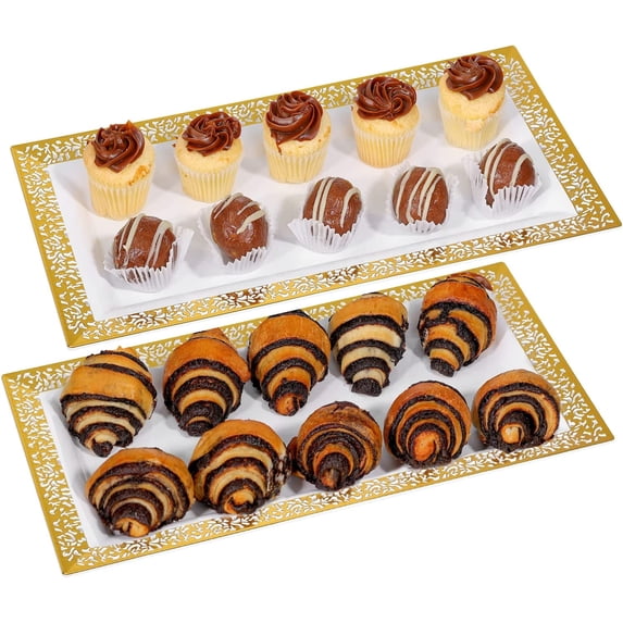 decorative Plastic Serving Tray & Platter Set (2pk) - White & Gold Disposable Party Trays