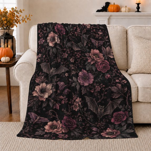 Botanical Bat and Moth Garden Scene, Warm Flannel Blanket for Sunroom and Reading Nook, Garden Lovers Housewarming Gift, Botanical Home Decor