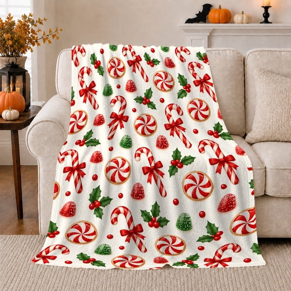 decorative motif Cane Peppermint Christmas Living Room Festive, Festive Holiday Scene, Warm Flannel Blanket for Living Room and Reading Nook, Art Lovers Christmas Gift, Festive Home Decor