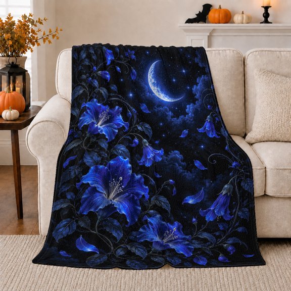 decorative motif Celestial Moon Blue Hibiscus Night Garden, Peaceful Celestial Art Scene, Warm Flannel Blanket for Sunroom and Reading Nook, Celestial Art Lovers Housewarming Gift, Fantasy Home Decor