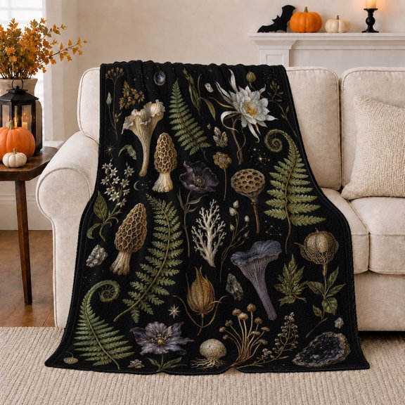 decorative motif Fern Forest Butterfly Vintage Botanical Illustration, Cozy Botanical Garden Scene, Warm Flannel Blanket for Cabin and Lodge, Garden Lovers Housewarming Gift, Botanical Home Decor