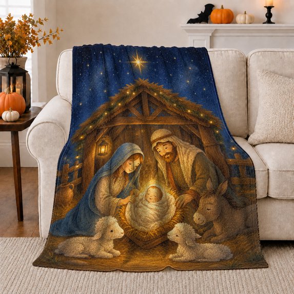 decorative motif Holy Family Manger Scene Peaceful Christmas, Festive decorative motif Scene, Warm Flannel Blanket for Living Room and Family Room, Art Lovers Christmas Gift, Festive Home Decor