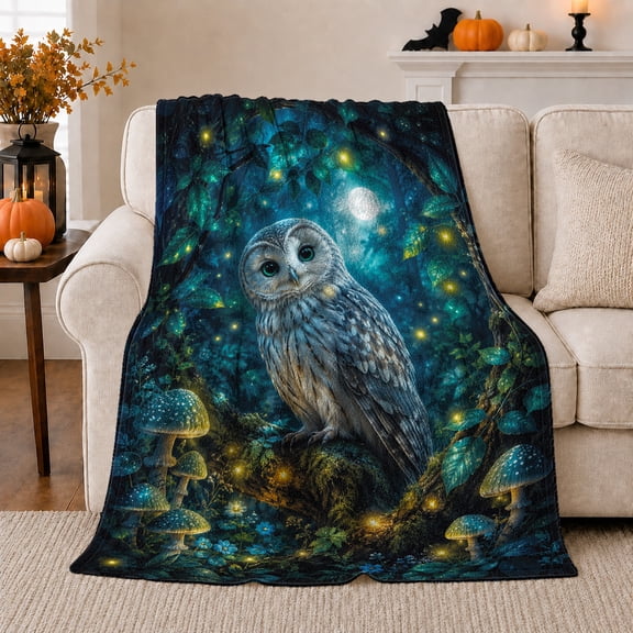 decorative motif Owl Night Forest Scene, Enchanting Realistic Fantasy Style for Owl Lovers, Turquoise Eye Moon Theme and Housewarming Gift, Soft Flannel Blanket for Bedroom Reading Nook, Home Decor