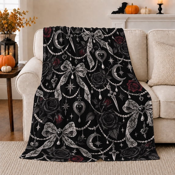 decorative motif Rose Moon Lace Bows Dark Romantic Black, Warm Flannel Blanket for Living Room and Bedroom, Mystical Celestial Art Scene, Celestial Art Lovers Valentine's Day Gift