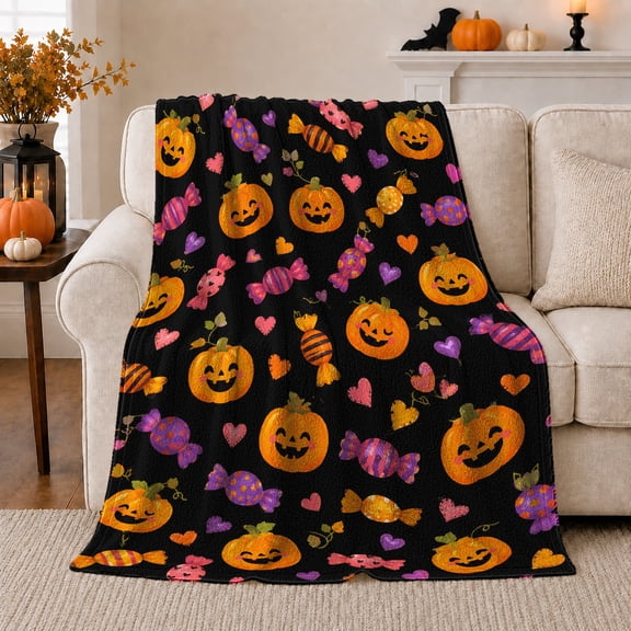 decorative motif Sweet autumn celebration Pumpkins decorative motif Hearts, Warm Flannel Blanket for Living Room and Family Room, Festive autumn celebration Scene, Festive Home Decor