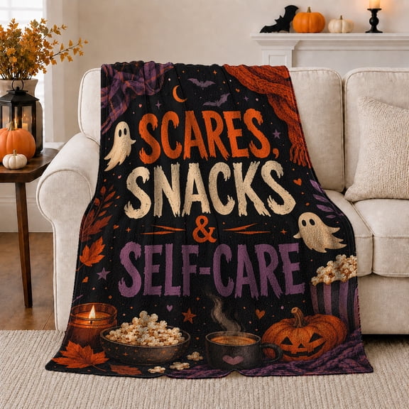 decorative motif autumn celebration Scares Snacks Self-Care Dark Vintage decorative motif, Warm Flannel Blanket for Kitchen and Dining Room, Festive autumn celebration Scene, Festive Home Decor