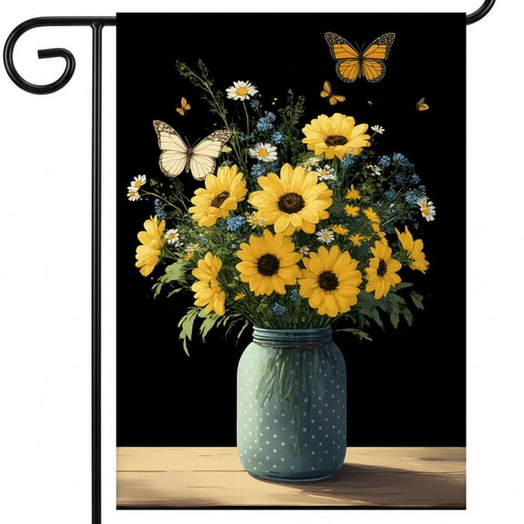 decorative summer garden flags A vase filled with yellow flowers and butterflies on a table. . flags for yard Big 28 x 40" Flag for Small Space Garden Decor