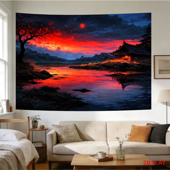 A decorative tapestry featuring a nighttime view of Red Moon Lake, made of polyester fiber, suitable for wall decoration in living rooms, bedrooms, offices, and family parties.