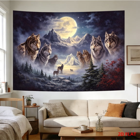 A decorative tapestry themed around a wolf pack under the moonlight, made of polyester fiber, is easy to hang and suitable for wall decoration in living rooms, bedrooms, offices, and family parties.