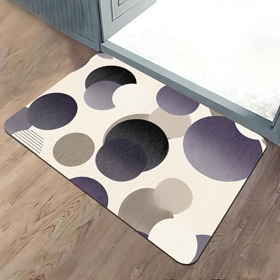 A deep purple circular patterned floor mat made of highly absorbent diatomaceous earth. Machine washable and suitable for kitchens, hallways, bedroom entrances, bathrooms, and living rooms.
