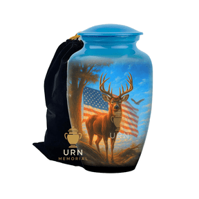 deer American Flag Cremation Urn for Adult Ashes Patriotic Memorial Urn Honoring Veterans Handcrafted Aluminum Tribute with USA Flag Design