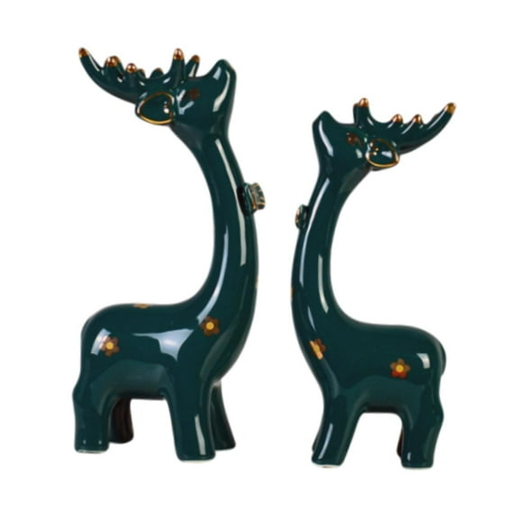 deevoka 2 Pieces Deer Statues Ceramic Desktop Ornaments for Office Living Room Shelf Green