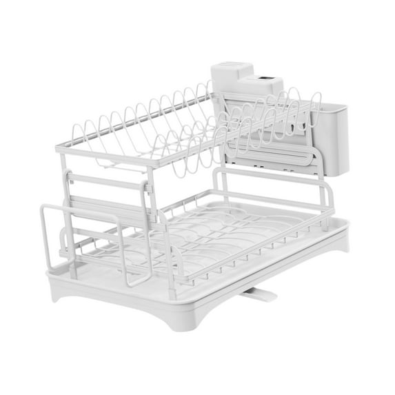 deevoka 2 Tiers Dish Drainer Rack Utensil Holder Household Multipurpose Lightweight with White