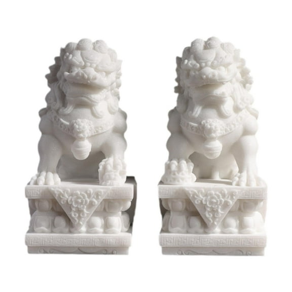 deevoka 2Pcs Lion Statues Miniature Stone Sculptures Craft Gift Chinese Tank White