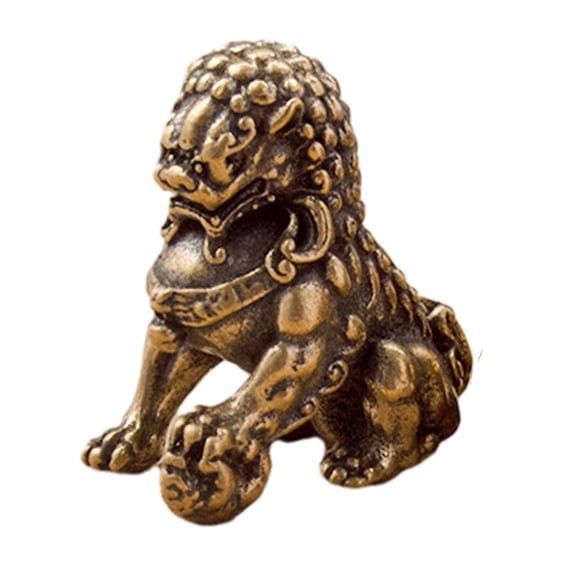 deevoka Brass Mini Chinese Lion Sculpture Souvenir Feng Shui Ornament Lovely Kung Fu Tea Pet Miniature for Entryway Tabletop Artistic Right