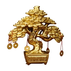 deevoka Chinese Money Tree Tabletop Decoration 17.5x9x19.5cm Golden Color Handmade Lucky Style B