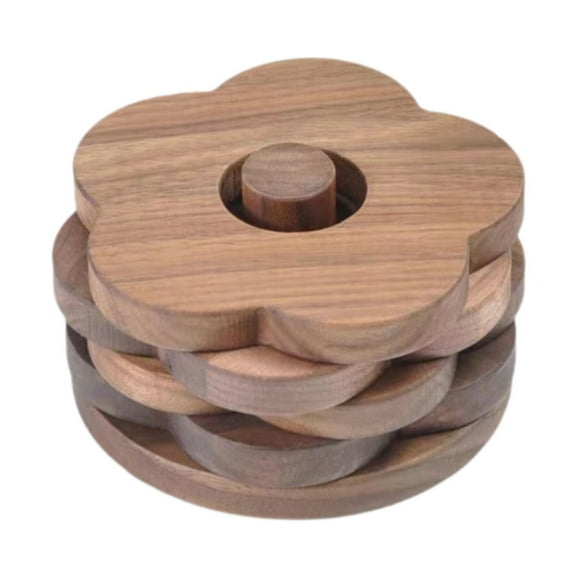 deevoka Flower Shape Wooden Coasters Housewarming Gifts with Holder for Bar Walnut