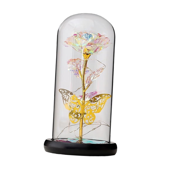 deevoka Forever Rose in Glass Dome W/ LED Lamp W/ Base Home Decor Eternal Rose Enchanted Pink