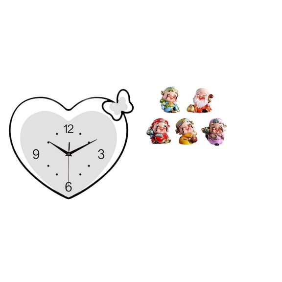 deevoka Heart Shape Wall Clock Acrylic Decorative Creative Design Quiet Movement Wall Art God of Fortune Figurines Tabletop Sculpture Mini Statues Resin Wealt