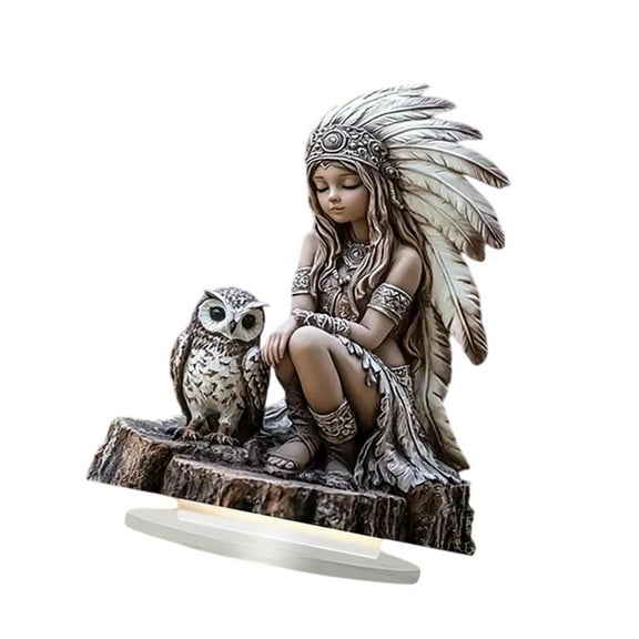 deevoka Indian Girl Owl Statue Accent Bookshelf Festival Party Flat Acrylic Ornament
