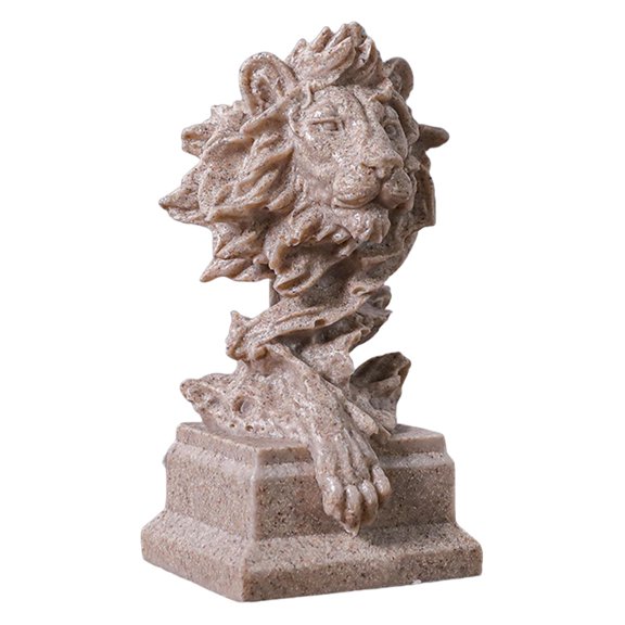 deevoka Lion Head Statue Crafts Handcarved Tabletop Ornament Animal Sculpture for Living Sandstone Color