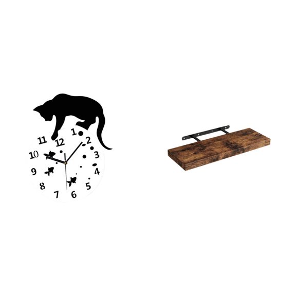 deevoka Silent Hanging Floating Cat Clock Shelf Quiet Movement Rustic Wood Wall Analog for Farmhouse Living Room Dining Room Bedroom Nursery Bathroom School