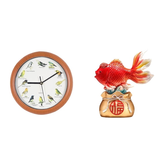 deevoka Singing Bird Wall Clock Decorative Wall Clocks for Kitchen Home Decor Feng Shui Fish Statue Desktop Decoration Good Luck Koi Sculpture for Entryway of