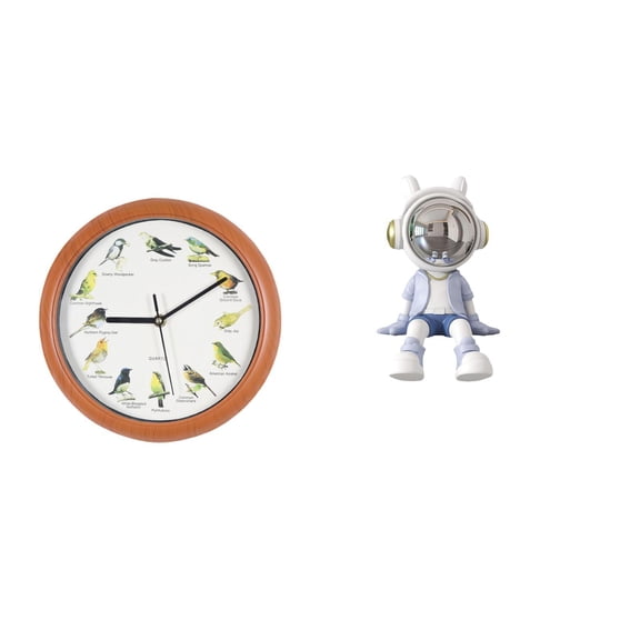 deevoka Wall Clock Singing Bird Decorative Clocks with Sound Unique PP Resin Desktop Figurine Astronaut Statue Suitable for Office Shelf Home Decoration Gift